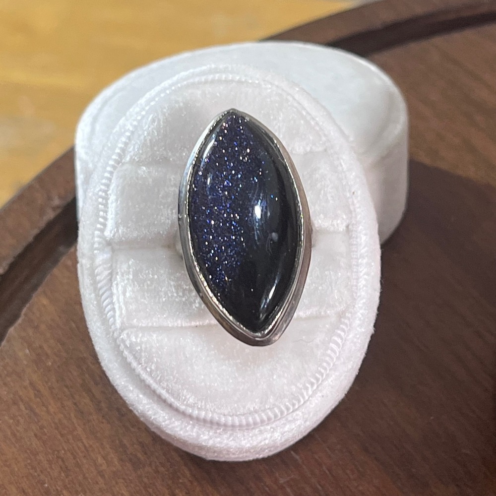 Vtg Blue Goldstone Marquise Silver Tone Statement Cocktail Ring Size 6.25